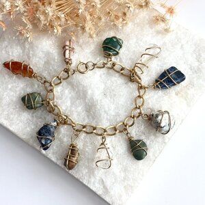 Caged Chunky Polished Multi Gemstone Charm Gold Toned Vintage Bracelet